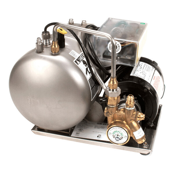 A Lancer 85-1923-00 carbonator assembly with fast flow, featuring a metal tank, motor, and brass fittings.