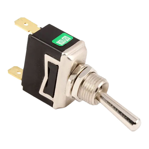 A metal toggle switch with a threaded mounting shaft and three electrical terminals.