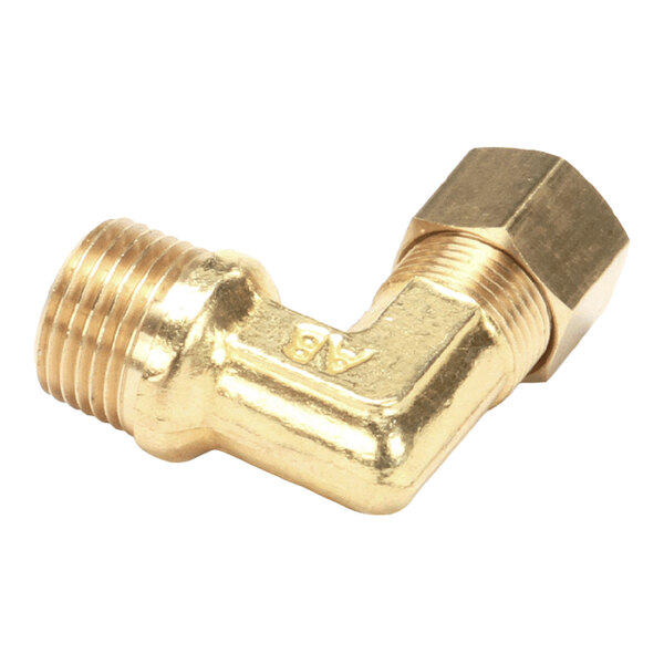An angled brass elbow adapter fitting with threaded ends.