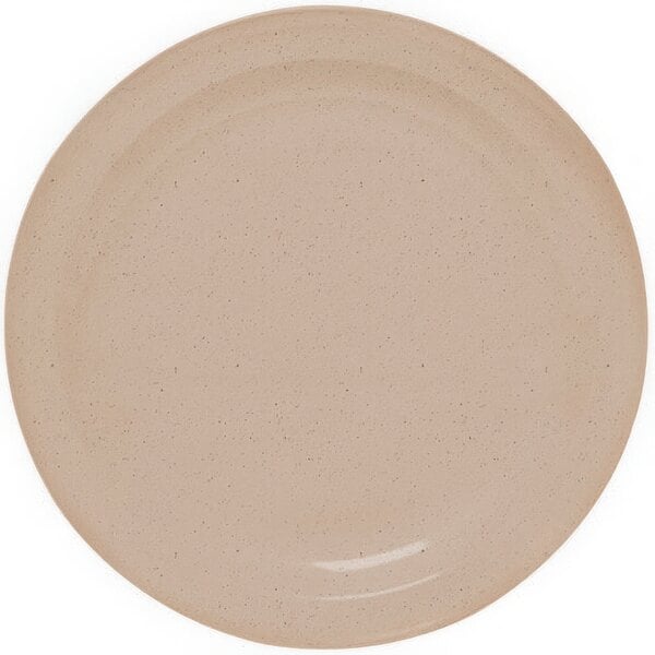 A close up of a beige speckled GET Melamine plate.