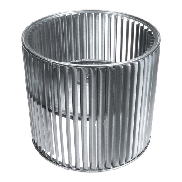 A cylindrical metal fan wheel with evenly spaced blades used in HVAC systems.