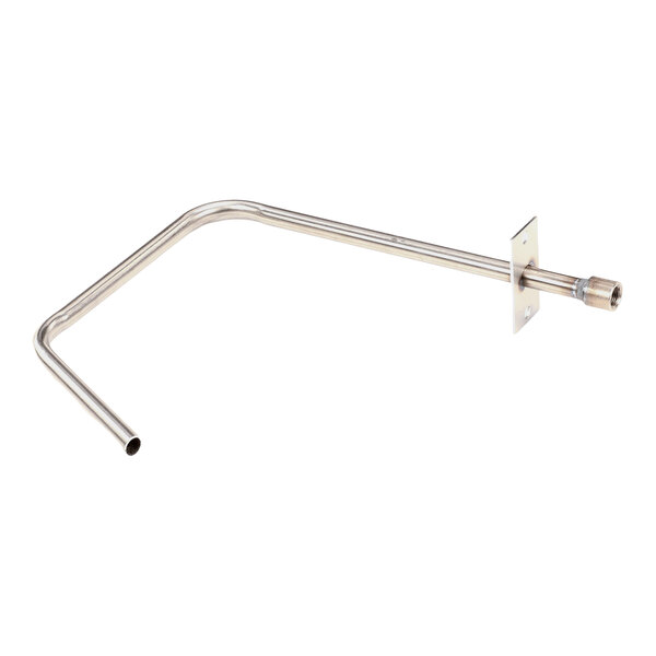 A metal tube component designed for water or gas connections, featuring a mounting plate and angled shape.