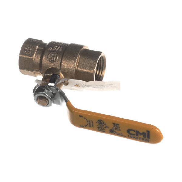 A brass ball valve with a yellow handle, labeled as lead-free and suitable for 600 WOG applications.