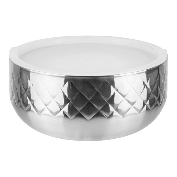 A silver Bon Chef Diamond Collection bowl with a white lid decorated with a diamond pattern.