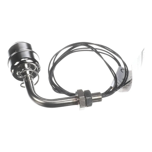 A Doyon QUF400 liquid level switch with a metal float, mounting hardware, and attached wiring.