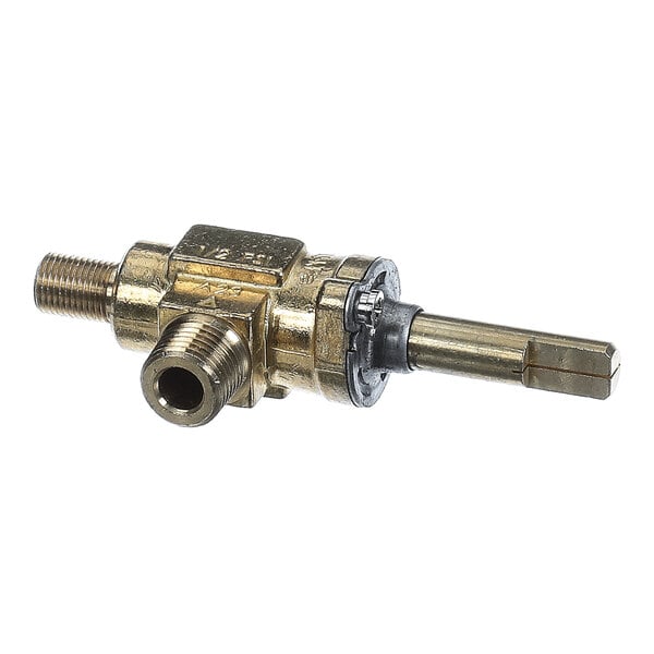 A brass manual gas valve with 1/4" NPT connections.
