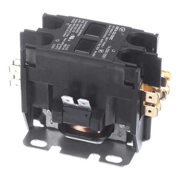 A black 2-pole electrical contactor with metal mounting base and multiple brass connection terminals.