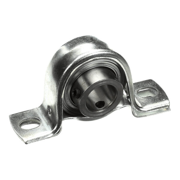 A metal pillow block bearing with a mounted housing and two bolt holes for securing.
