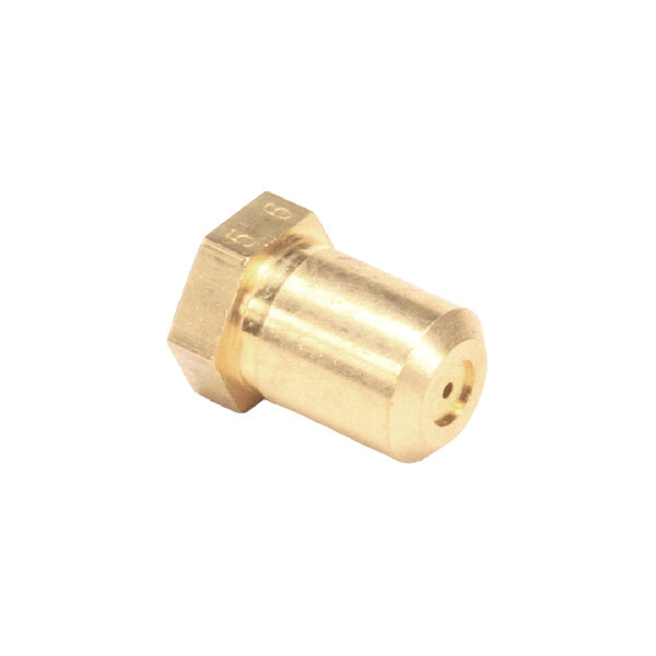 A brass orifice fitting with a hexagonal base and a small central hole, typically used in gas appliances.