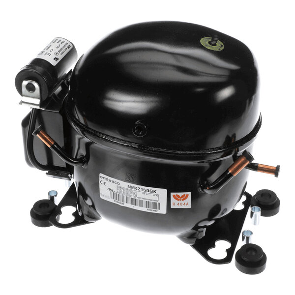 A black commercial refrigeration compressor unit with attached mounting brackets and copper tubing.