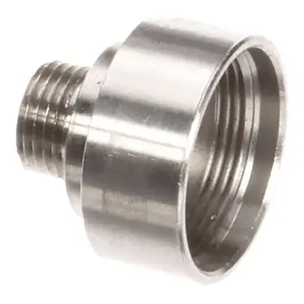 A metallic gauge base component with internal and external threading, used for shank or glass assembly applications.