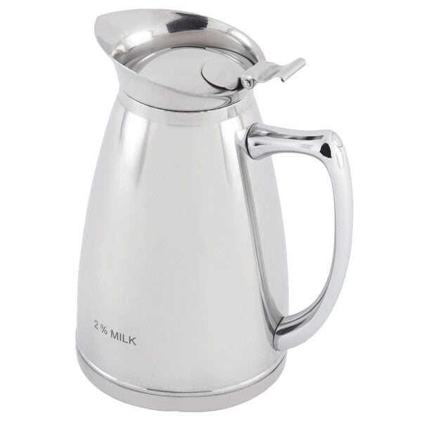 A Bon Chef stainless steel coffee server with a handle and crest reading "2% Milk" on the front.