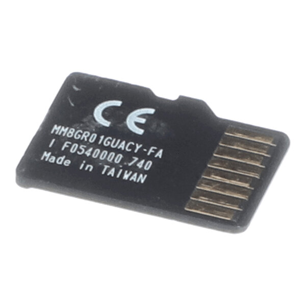 A small black SD card with gold contacts and white printed text, used for firmware storage.