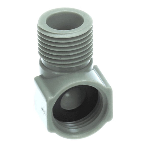 A gray plastic pipe fitting with a 1/2 inch female BSP thread on one end and a 1/2 inch male BSP thread on the other end.