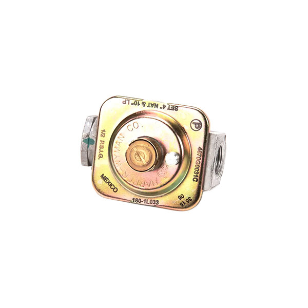 A metal gas regulator with a square face and threaded side inlets, designed for 1/2 inch NPT connections.