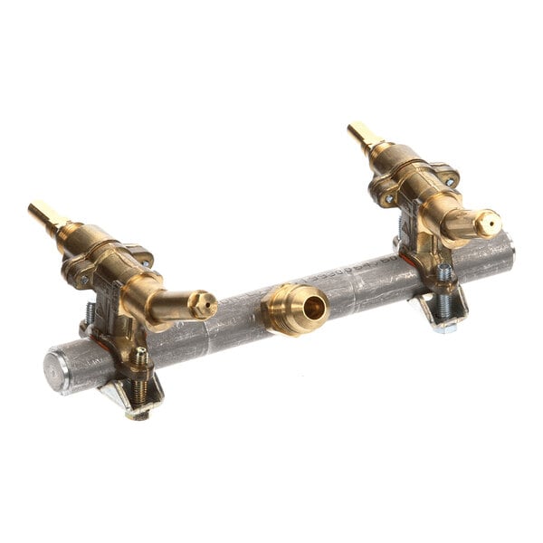 A metal LP manifold assembly with two brass valve controls and a central connector.