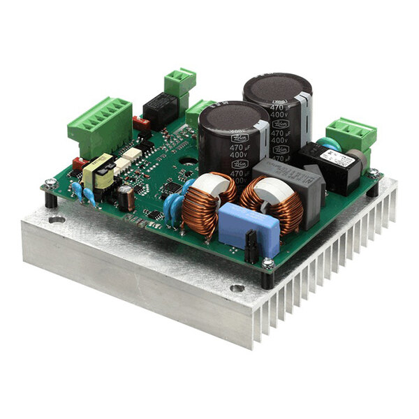 An electronic inverter board with various capacitors, inductors, and connectors mounted on a metal heat sink.