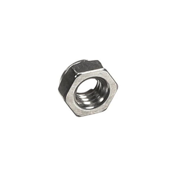 A stainless steel hex nut with internal threading.