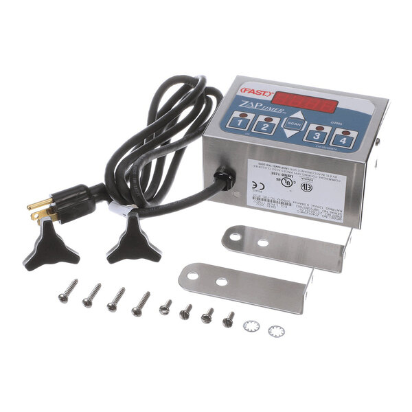 A digital timer control unit with a power cord, mounting brackets, and installation hardware.