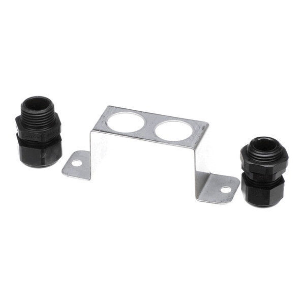 A tubing and cord grip assembly consisting of a metal mounting bracket with two holes and two black plastic cord grips.