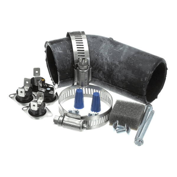 A blower vent hardware kit containing a rubber elbow, hose clamps, electrical connectors, switches, screws, and a small piece of foam.