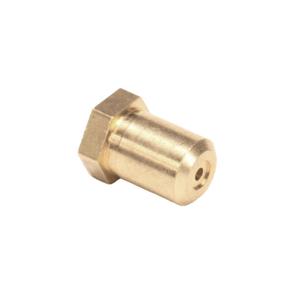 A brass orifice fitting with a hexagonal head and a small central hole, typically used in gas appliances.