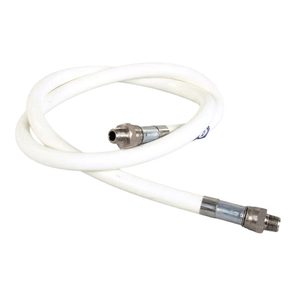 A white flexible filter return hose with metal connectors on both ends.