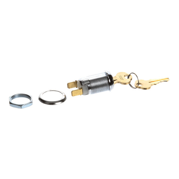 A metal key lock switch with two brass terminals, two keys, and mounting hardware.