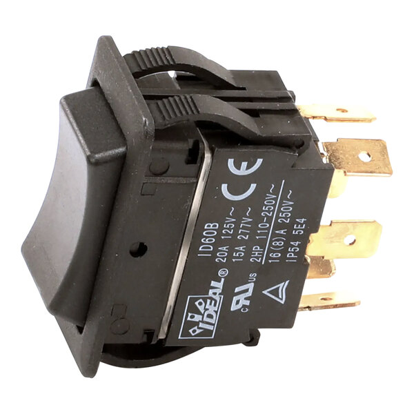 A black three-position rocker switch with gold terminals and printed electrical specifications on the side.