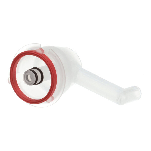 A plastic separator assembly component with a red ring, used for syrup dispensing in beverage machines.