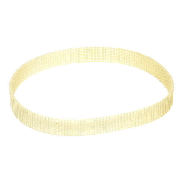 A beige, textured, circular drive belt.
