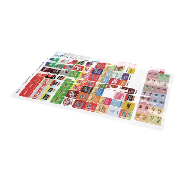 A sheet of assorted beverage decals for a Coke Flavor Fusion machine.