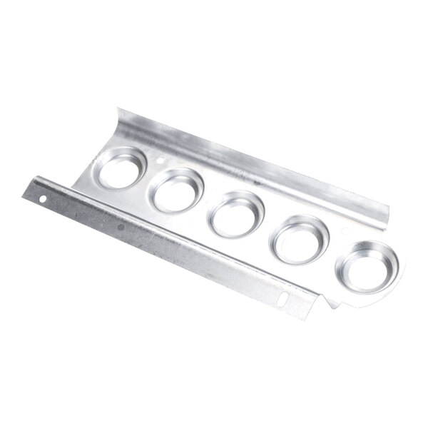 A metal flame retainer with five circular openings, designed for use in heating equipment.