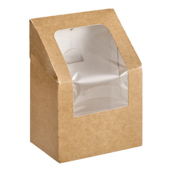 A kraft paper tortilla wrap take-out container with a clear window on the front.