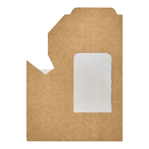 A brown kraft tortilla wrap take-out container with a clear window on the front.