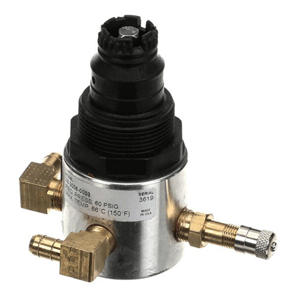 A pressure regulator assembly with brass fittings and a preset pressure of 60 PSI.