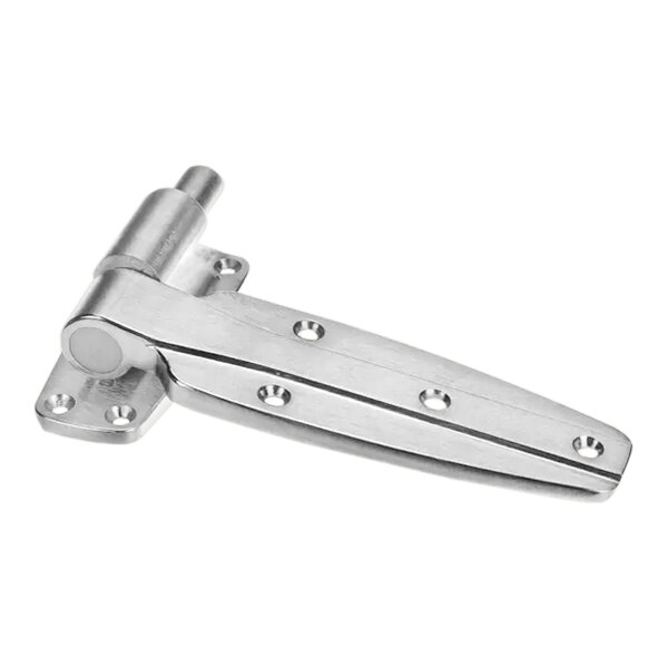 A metallic hinge with a brushed finish, featuring multiple screw holes for mounting.