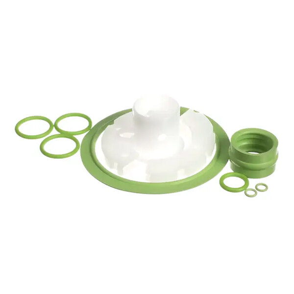 A lube-less tune up kit with green and white plastic rings and components.