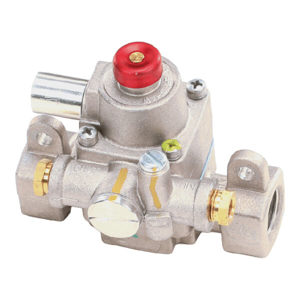 A metal safety valve with various fittings and a red cap, used for gas appliances.