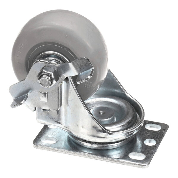 A metal swivel caster with a gray wheel and an attached brake mechanism.