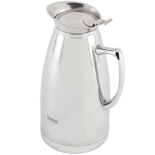 A stainless steel Bon Chef coffee server with a lid and decaffeinated crest.