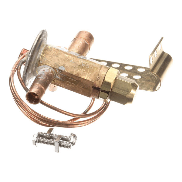 An expansion valve with copper tubing and mounting hardware, used in refrigeration systems.