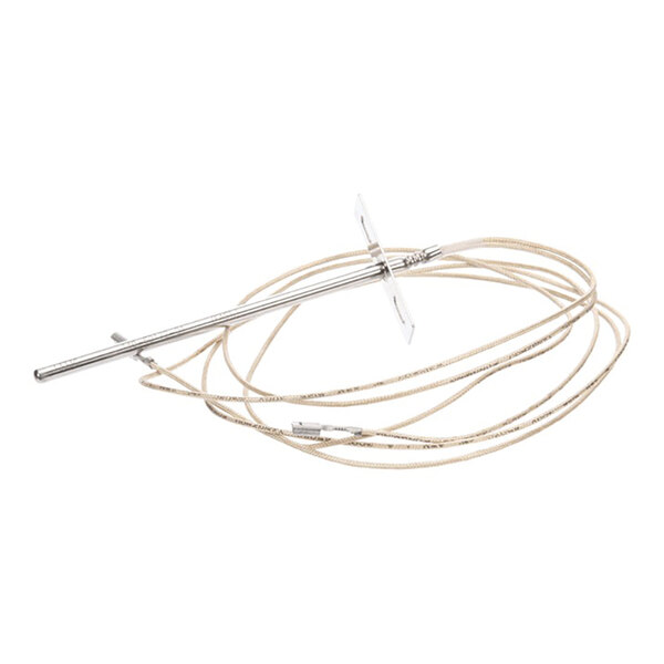 A metal temperature probe with an attached long insulated wire and a mounting flange.
