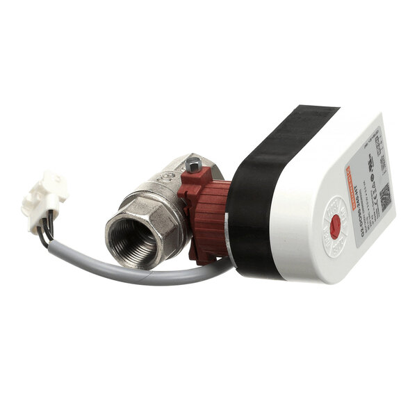 A metal and plastic electronic drain valve with wiring, used for controlling fluid flow in equipment.