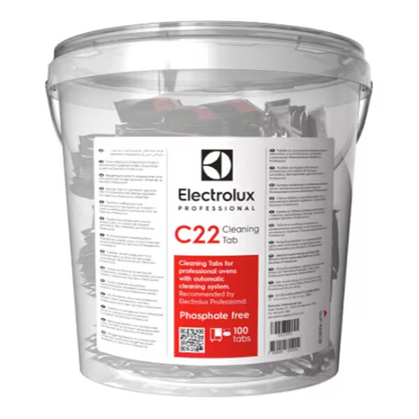A clear plastic bucket containing individually wrapped cleaning tabs, labeled as Electrolux Professional C22 Cleaning Tab, with product information and instructions on the front.