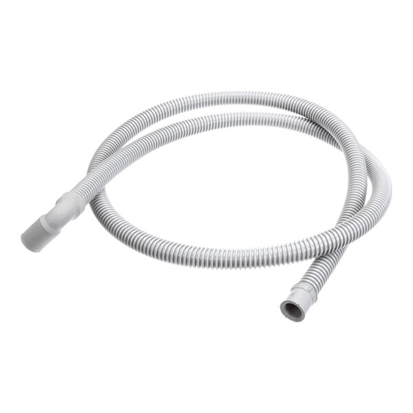 A flexible, corrugated gray drain hose with connectors on both ends.