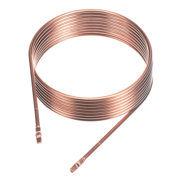 A coiled copper capillary tube used for refrigeration applications.