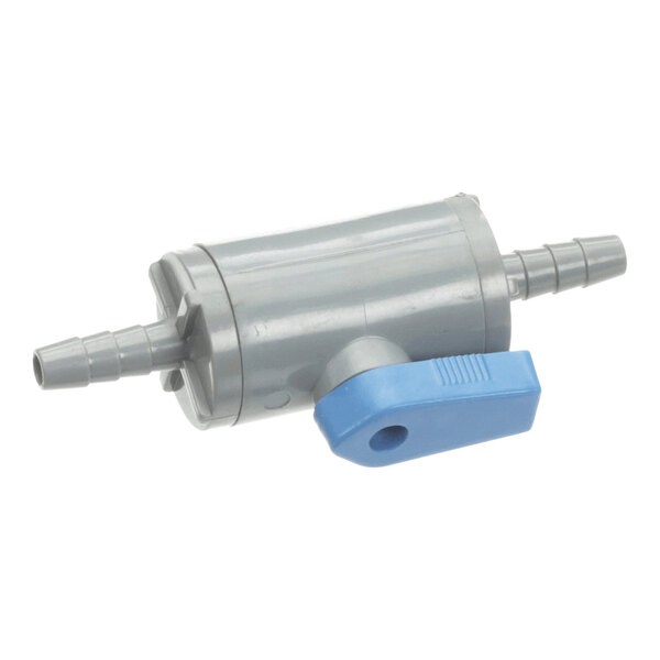 A gray plastic inline shut-off valve with a blue handle and 1/4 inch barbed ends.