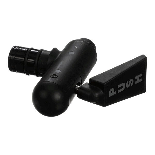 A black molded valve assembly with a push lever, typically used in beverage dispensing systems.