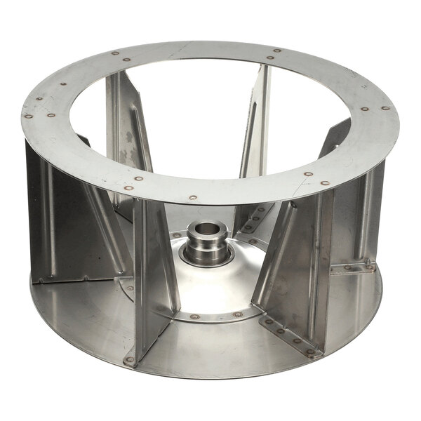 A circular metal fan component with vertical support fins and a central hub, designed for industrial or commercial equipment.